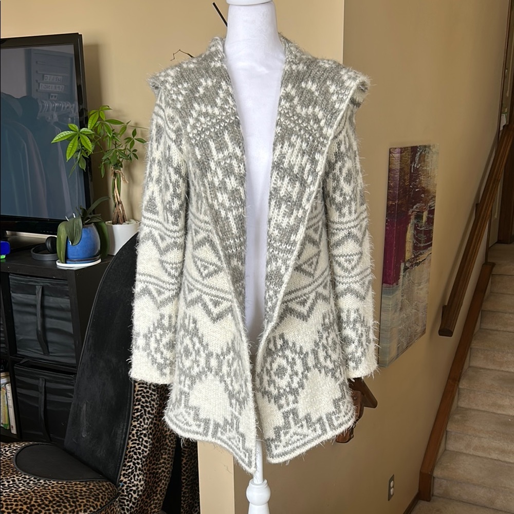 Gray and White Wool blend Hooded Cardigan Sweater